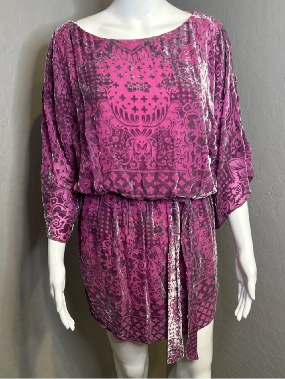 Hale Bob Fuchsia Velvet-Patterned Blouson Mini Dress